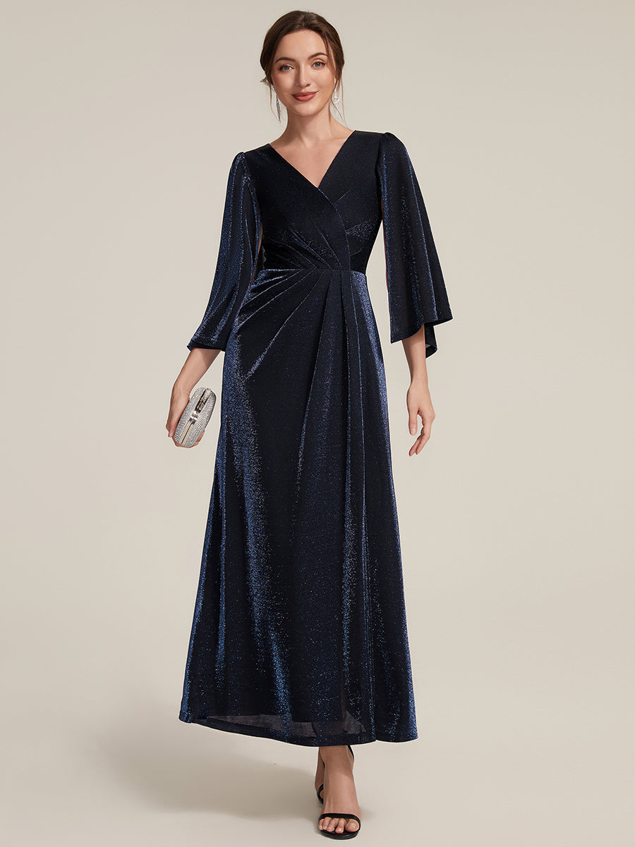 Maxilänge Etui Kleid Überkreuzter Ausschnitt Lurex Netzstoff 3D Drapierung Eleganter Look #Farbe_Marineblau