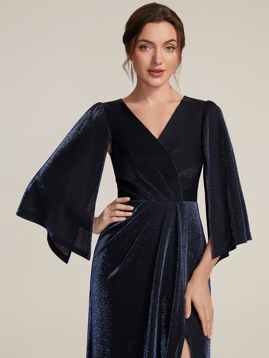 Maxilänge Etui Kleid Überkreuzter Ausschnitt Lurex Netzstoff 3D Drapierung Eleganter Look #Farbe_Marineblau