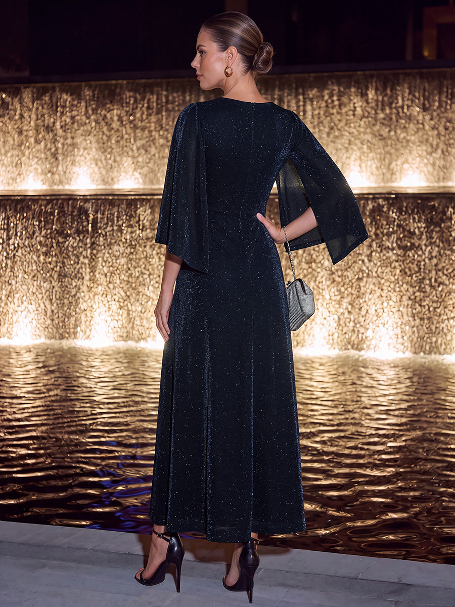 Maxilänge Etui Kleid Überkreuzter Ausschnitt Lurex Netzstoff 3D Drapierung Eleganter Look #Farbe_Marineblau