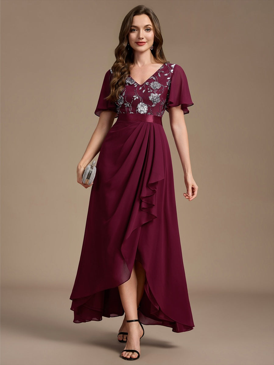 Chiffon V-Ausschnitt Asymmetrical Volantärmel brautmutterkleid #Farbe_Burgunderrot