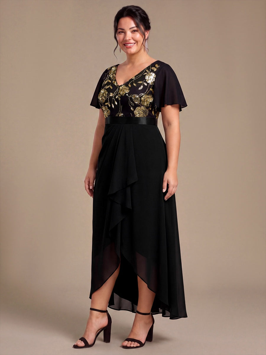 Chiffon V-Ausschnitt Asymmetrical Volantärmel brautmutterkleid #Farbe_Schwarz & Gold