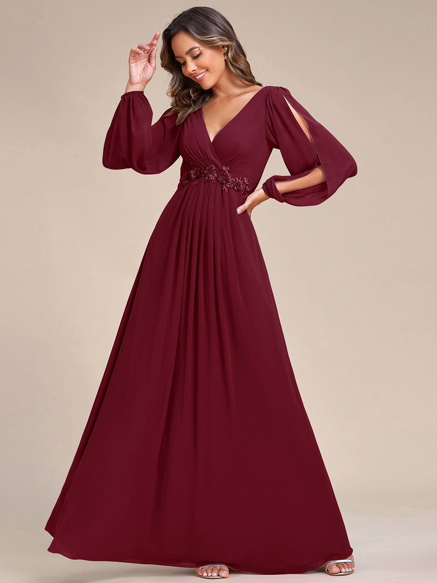Brautmutterkleid mit V-Ausschnitt A-Linie und langen Ärmeln, bodenlang