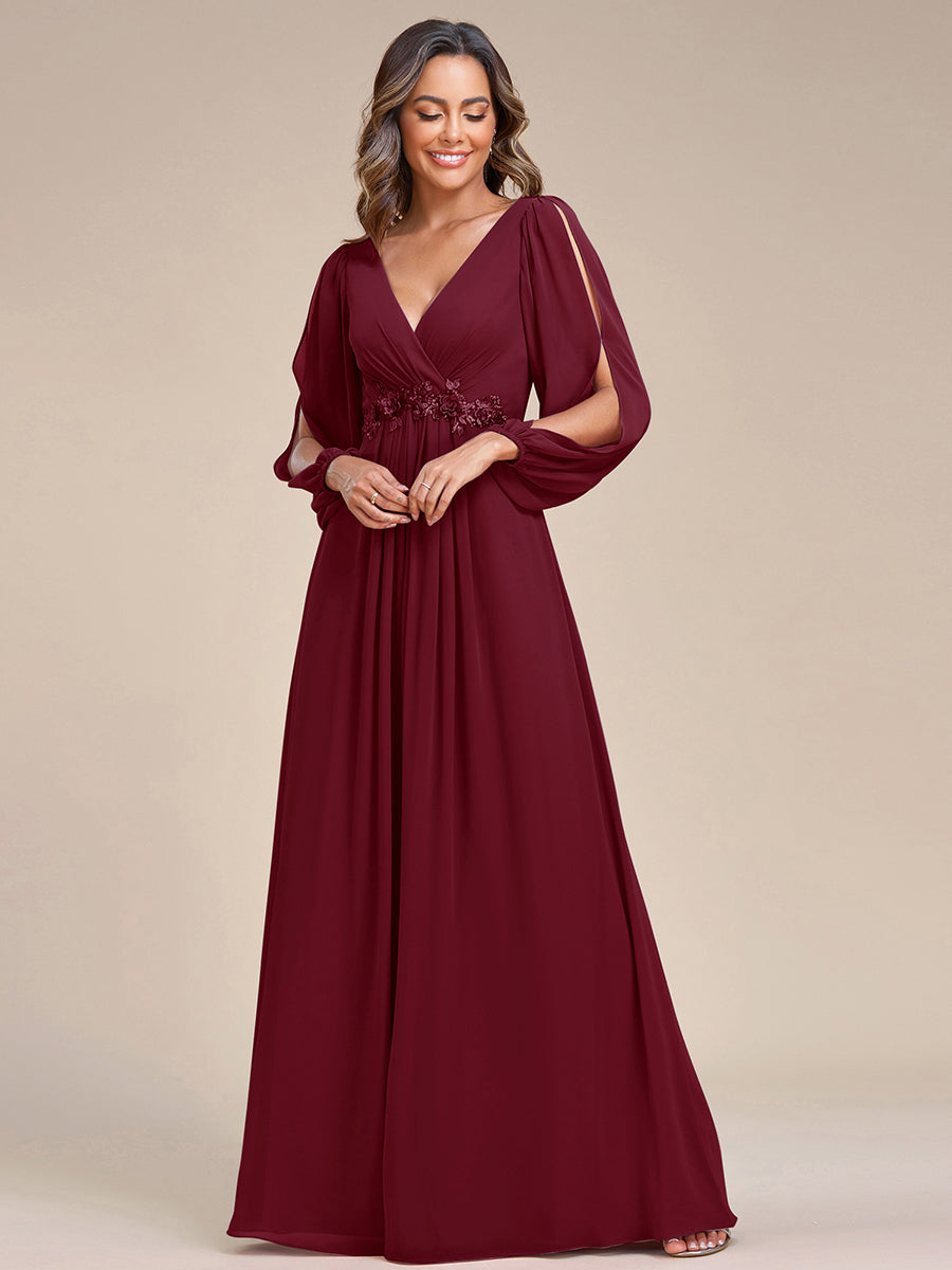 Brautmutterkleid mit V-Ausschnitt A-Linie und langen Ärmeln, bodenlang