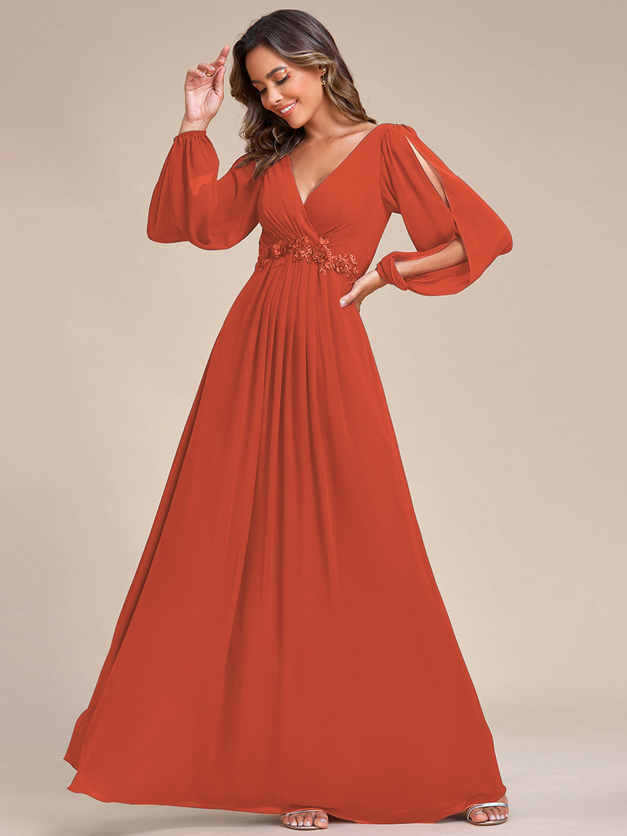 A-Linie Chiffon Lang mit Ärmel Brautmutterkleider #Farbe_Gebranntes Orange