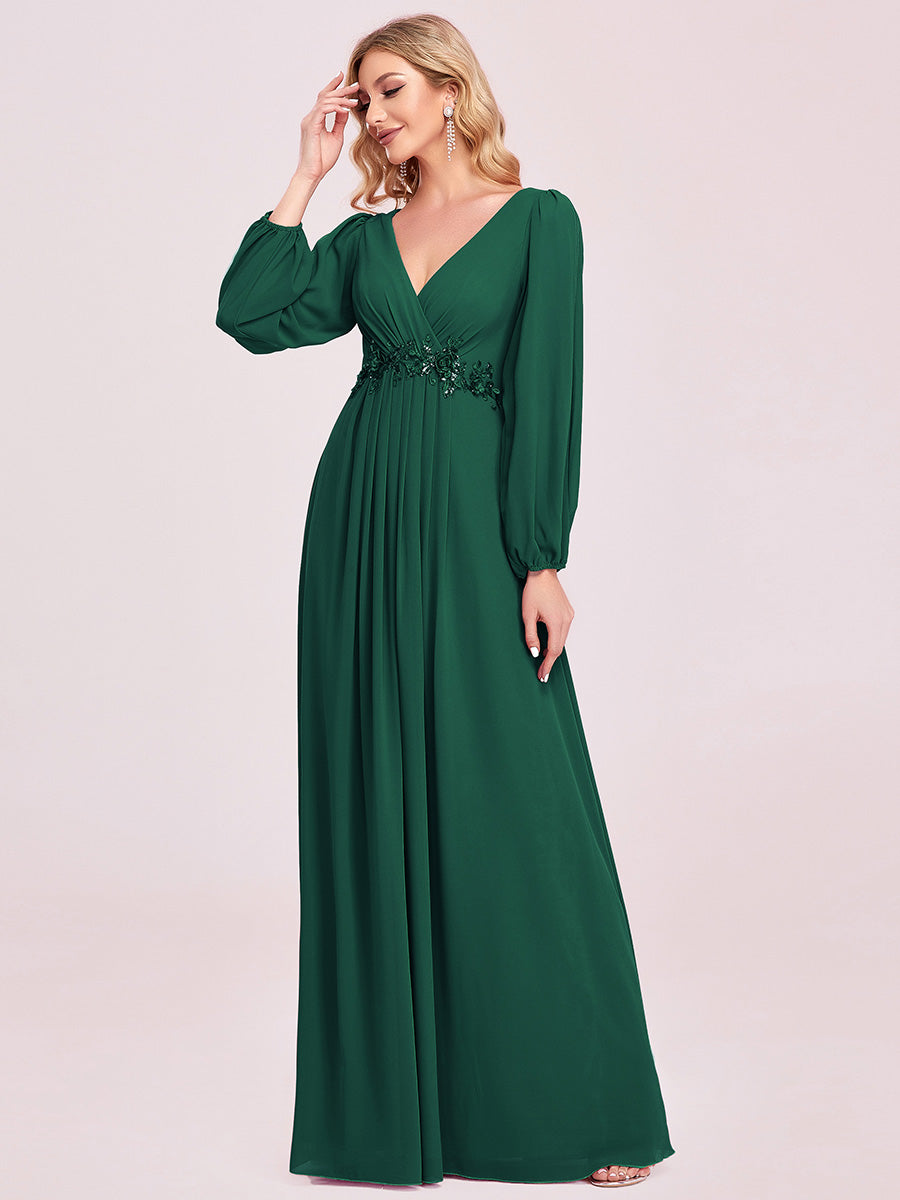 A-Linie Chiffon Lang mit Ärmel Brautmutterkleider #Farbe_Dunkelgrün