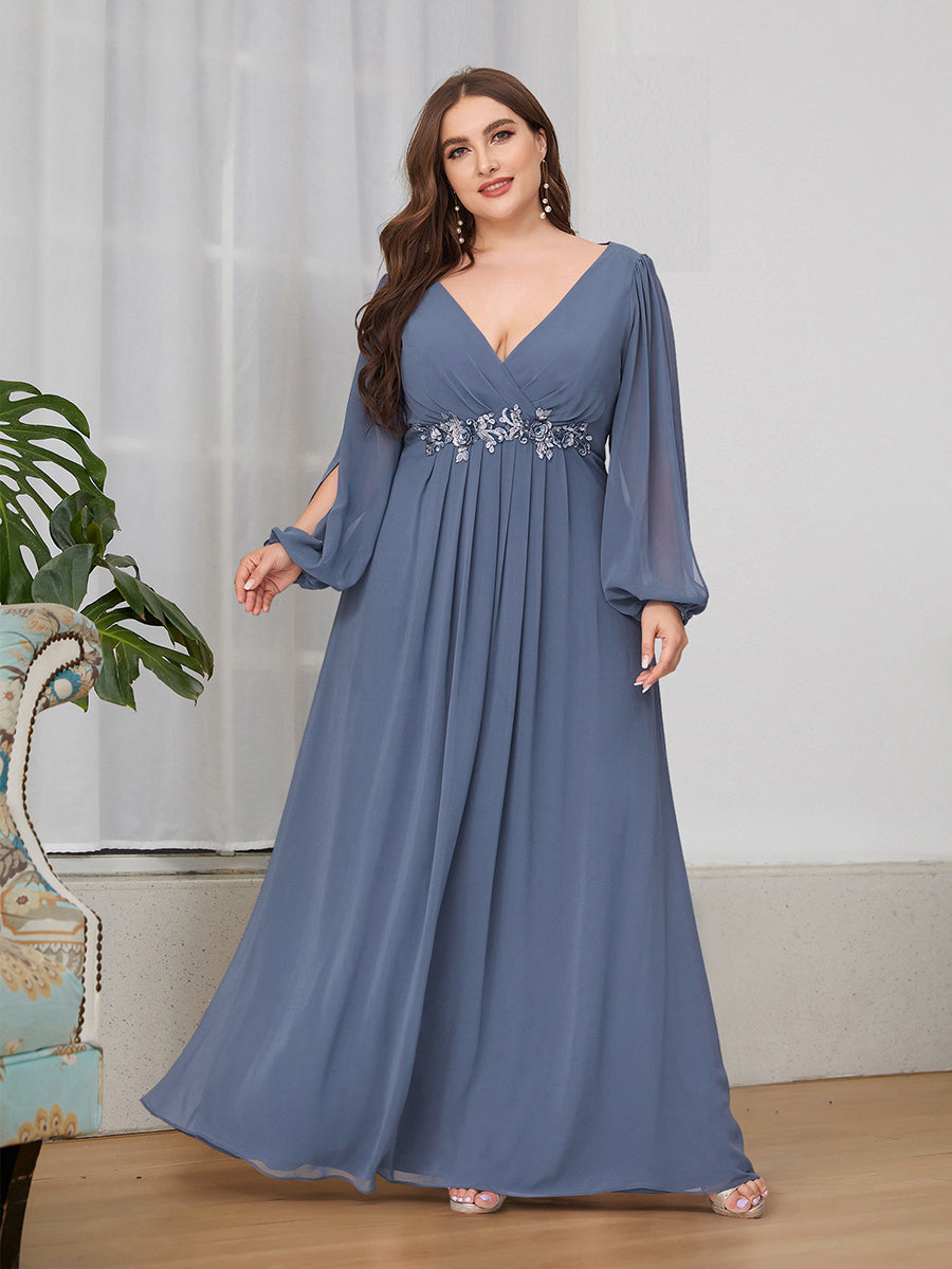 A-Linie Chiffon Lang mit Ärmel Brautmutterkleider #Farbe_Taubenblau