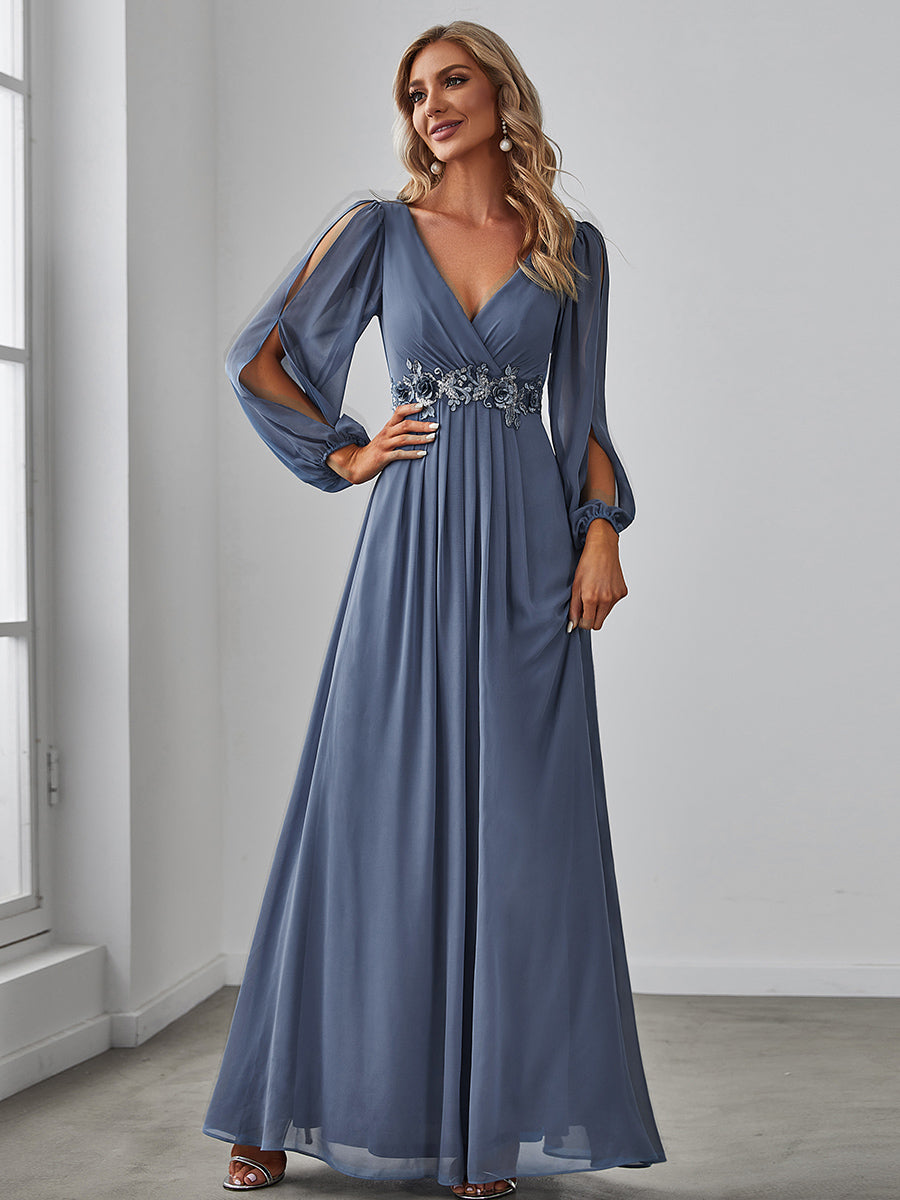 A-Linie Chiffon Lang mit Ärmel Brautmutterkleider #Farbe_Taubenblau