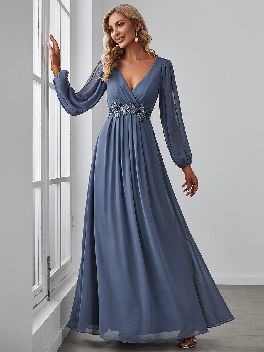 A-Linie Chiffon Lang mit Ärmel Brautmutterkleider #Farbe_Taubenblau
