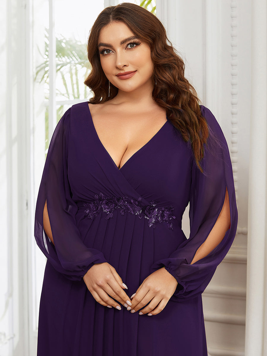 A-Linie Chiffon Lang mit Ärmel Brautmutterkleider #Farbe_Dunkelviolett