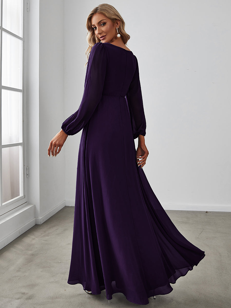A-Linie Chiffon Lang mit Ärmel Brautmutterkleider #Farbe_Dunkelviolett