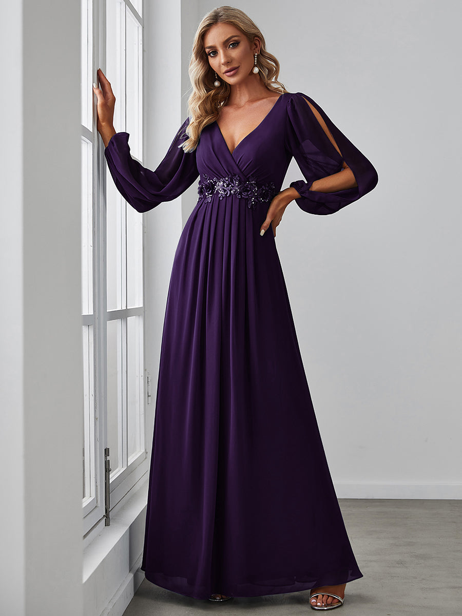 A-Linie Chiffon Lang mit Ärmel Brautmutterkleider #Farbe_Dunkelviolett
