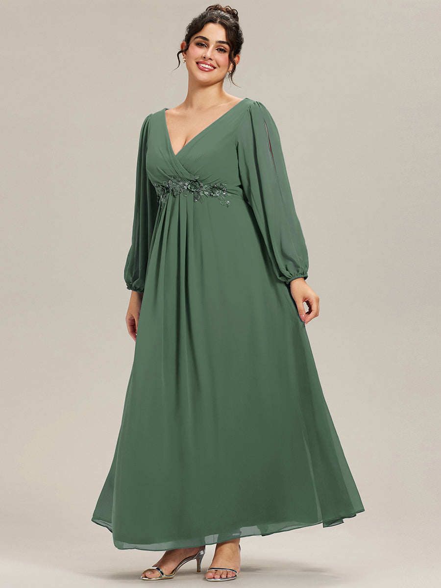 A-Linie Chiffon Lang mit Ärmel Brautmutterkleider #Farbe_Eukalyptus