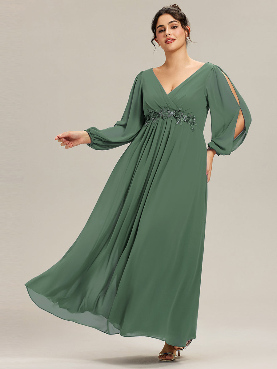 A-Linie Chiffon Lang mit Ärmel Brautmutterkleider #Farbe_Eukalyptus