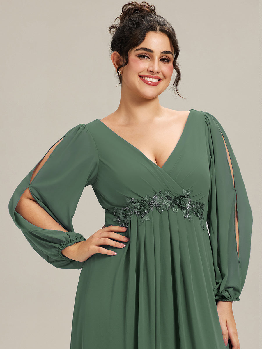 A-Linie Chiffon Lang mit Ärmel Brautmutterkleider #Farbe_Eukalyptus