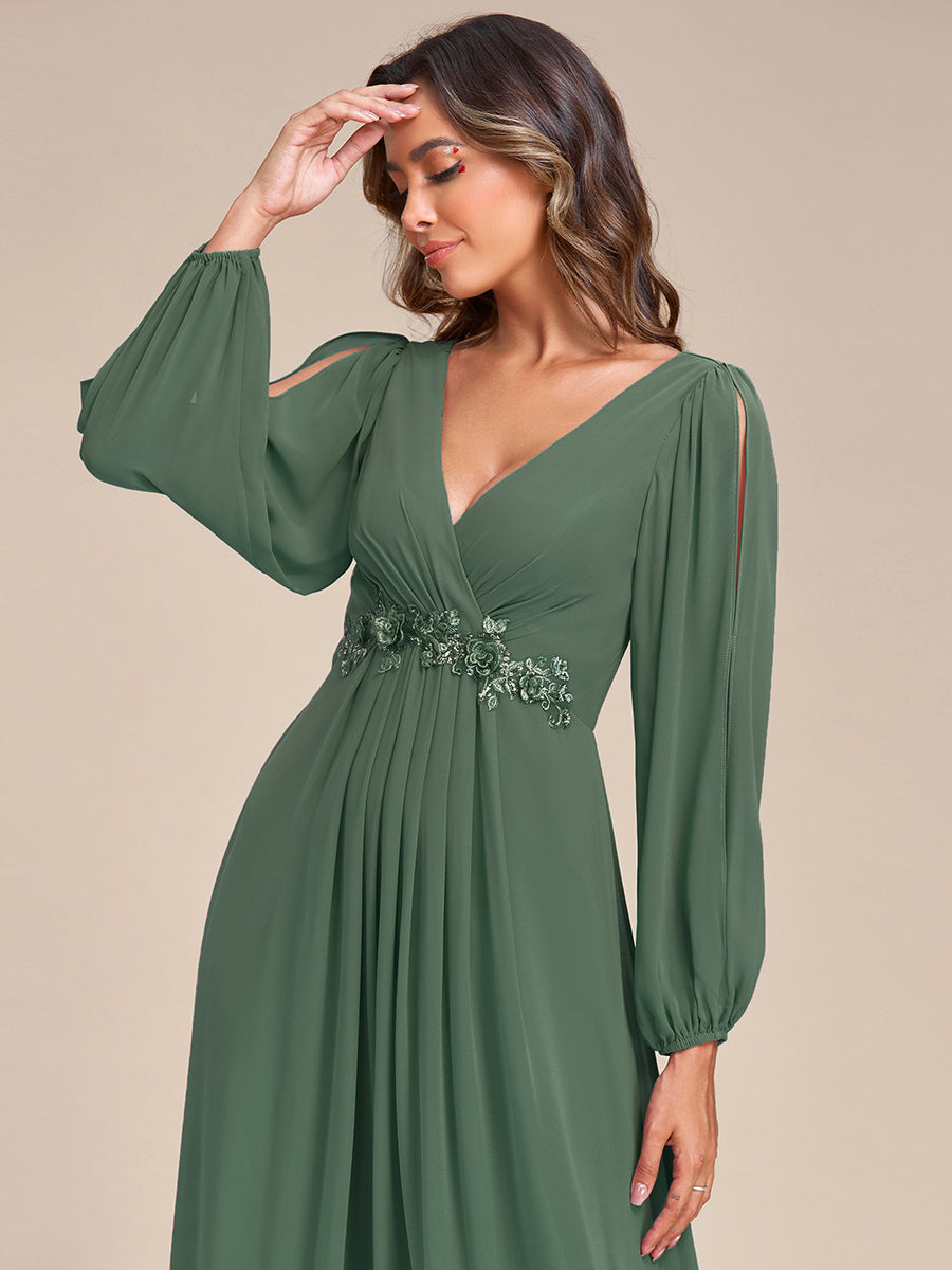 A-Linie Chiffon Lang mit Ärmel Brautmutterkleider #Farbe_Eukalyptus