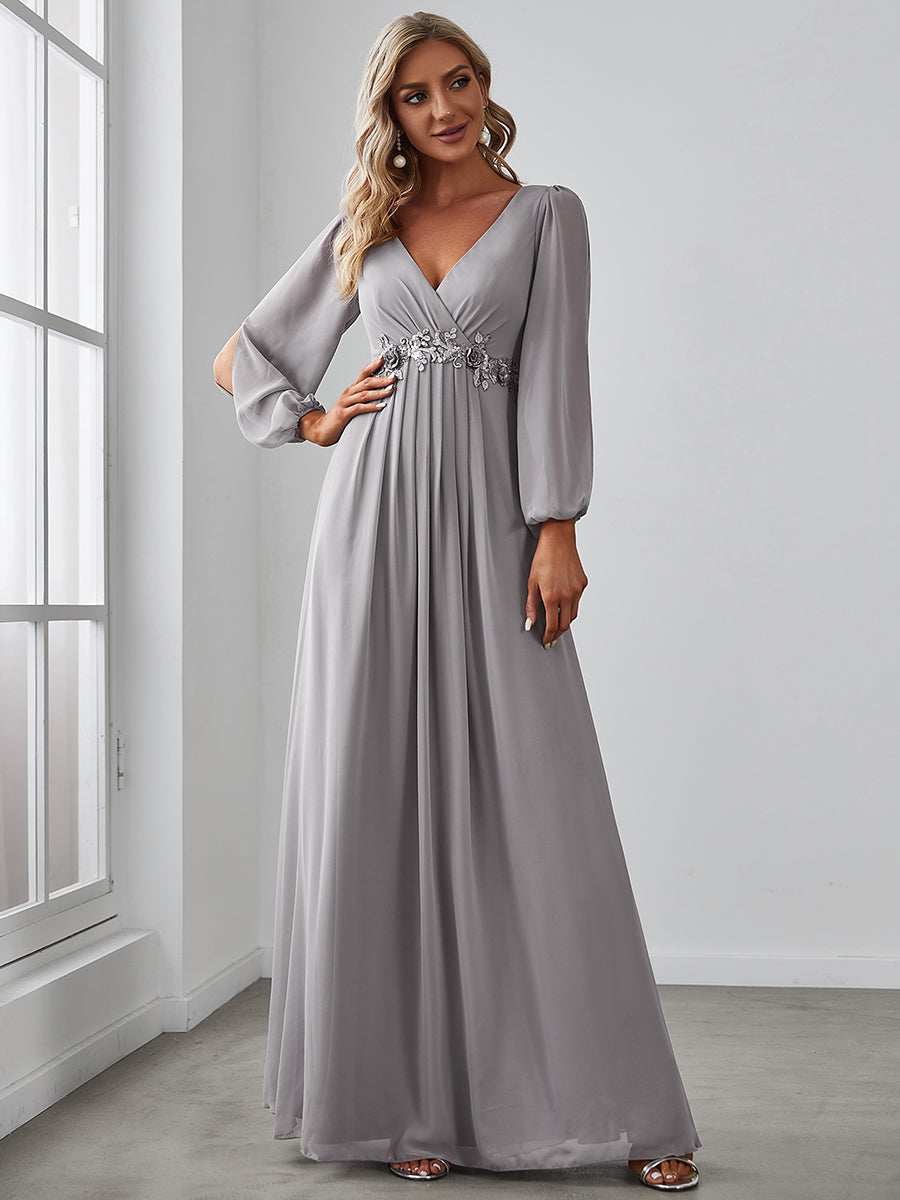 A-Linie Chiffon Lang mit Ärmel Brautmutterkleider #Farbe_Grau