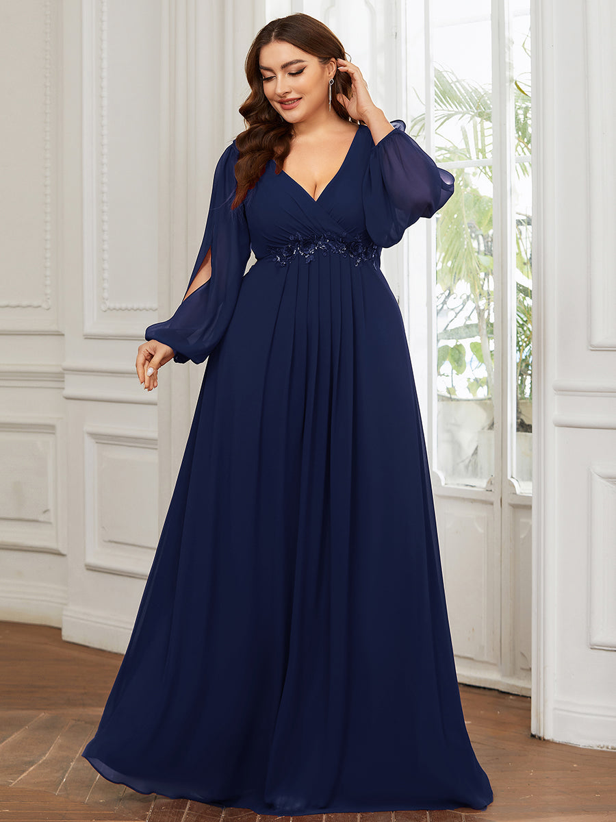 A-Linie Chiffon Lang mit Ärmel Brautmutterkleider #Farbe_Marineblau