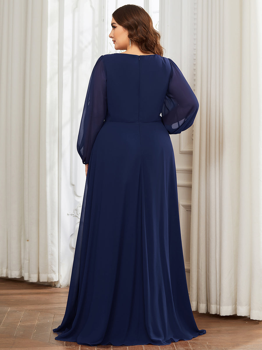 A-Linie Chiffon Lang mit Ärmel Brautmutterkleider #Farbe_Marineblau
