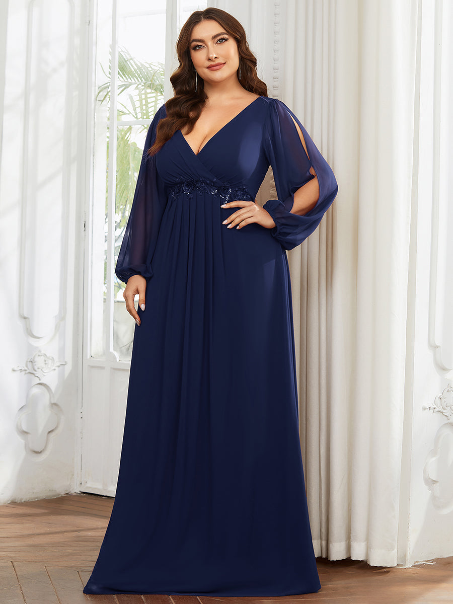 A-Linie Chiffon Lang mit Ärmel Brautmutterkleider #Farbe_Marineblau