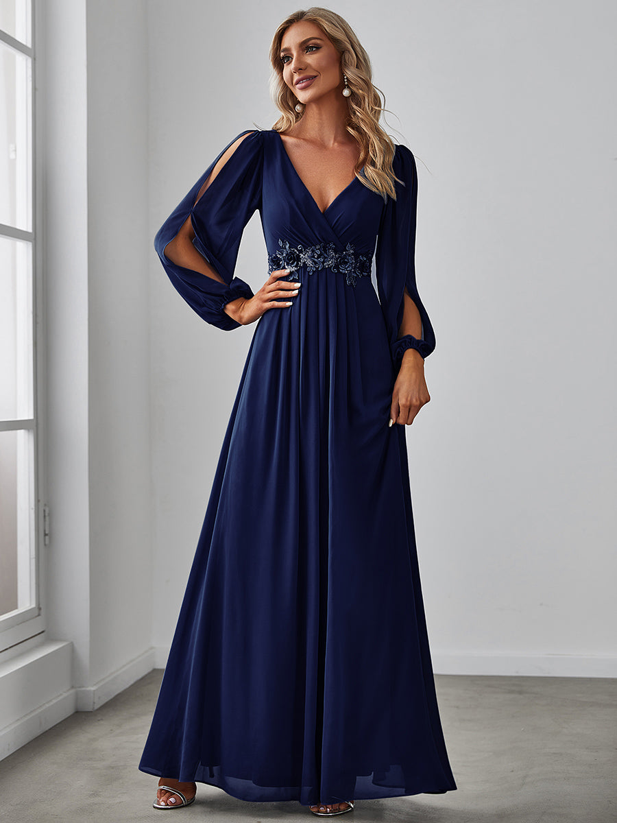 A-Linie Chiffon Lang mit Ärmel Brautmutterkleider #Farbe_Marineblau