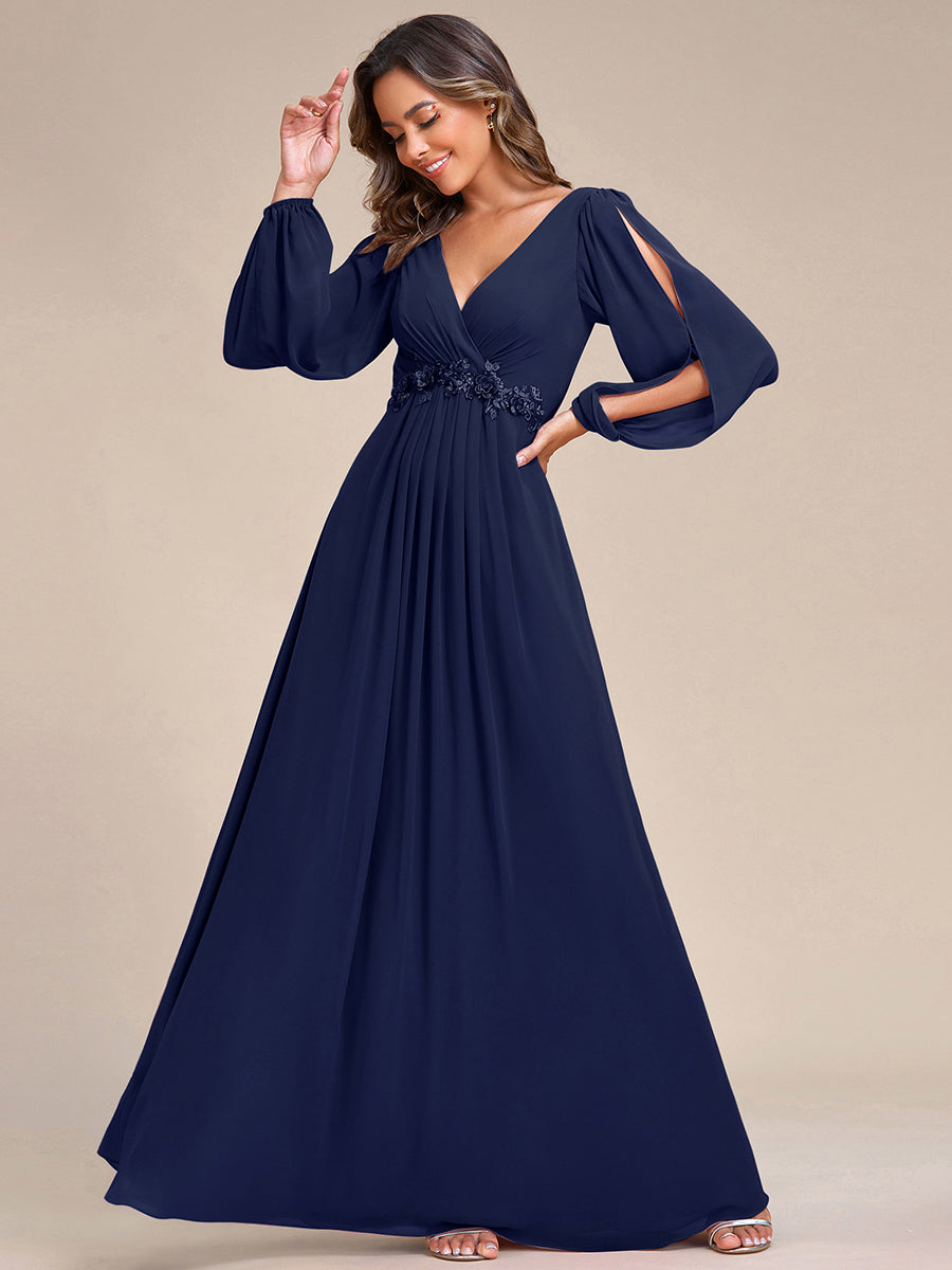 A-Linie Chiffon Lang mit Ärmel Brautmutterkleider #Farbe_Marineblau