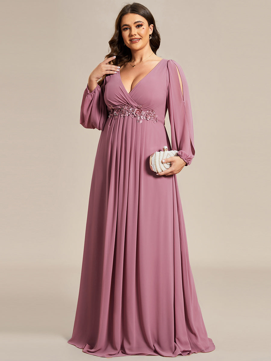 A-Linie Chiffon Lang mit Ärmel Brautmutterkleider #Farbe_Orchideenviolett