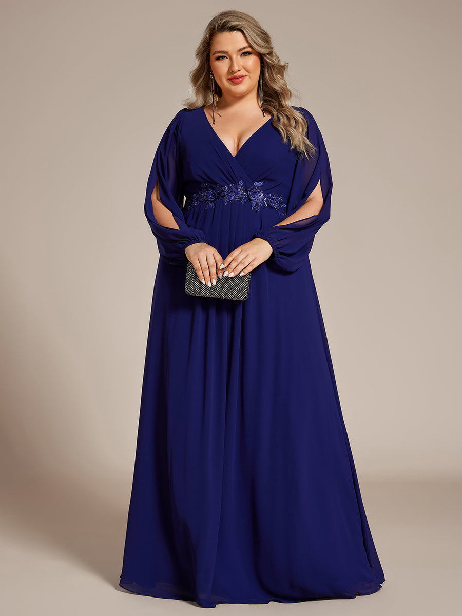 A-Linie Chiffon Lang mit Ärmel Brautmutterkleider #Farbe_Königsblau