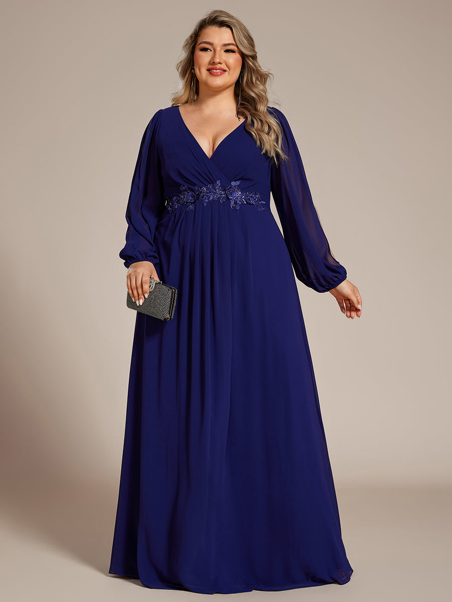 A-Linie Chiffon Lang mit Ärmel Brautmutterkleider #Farbe_Königsblau