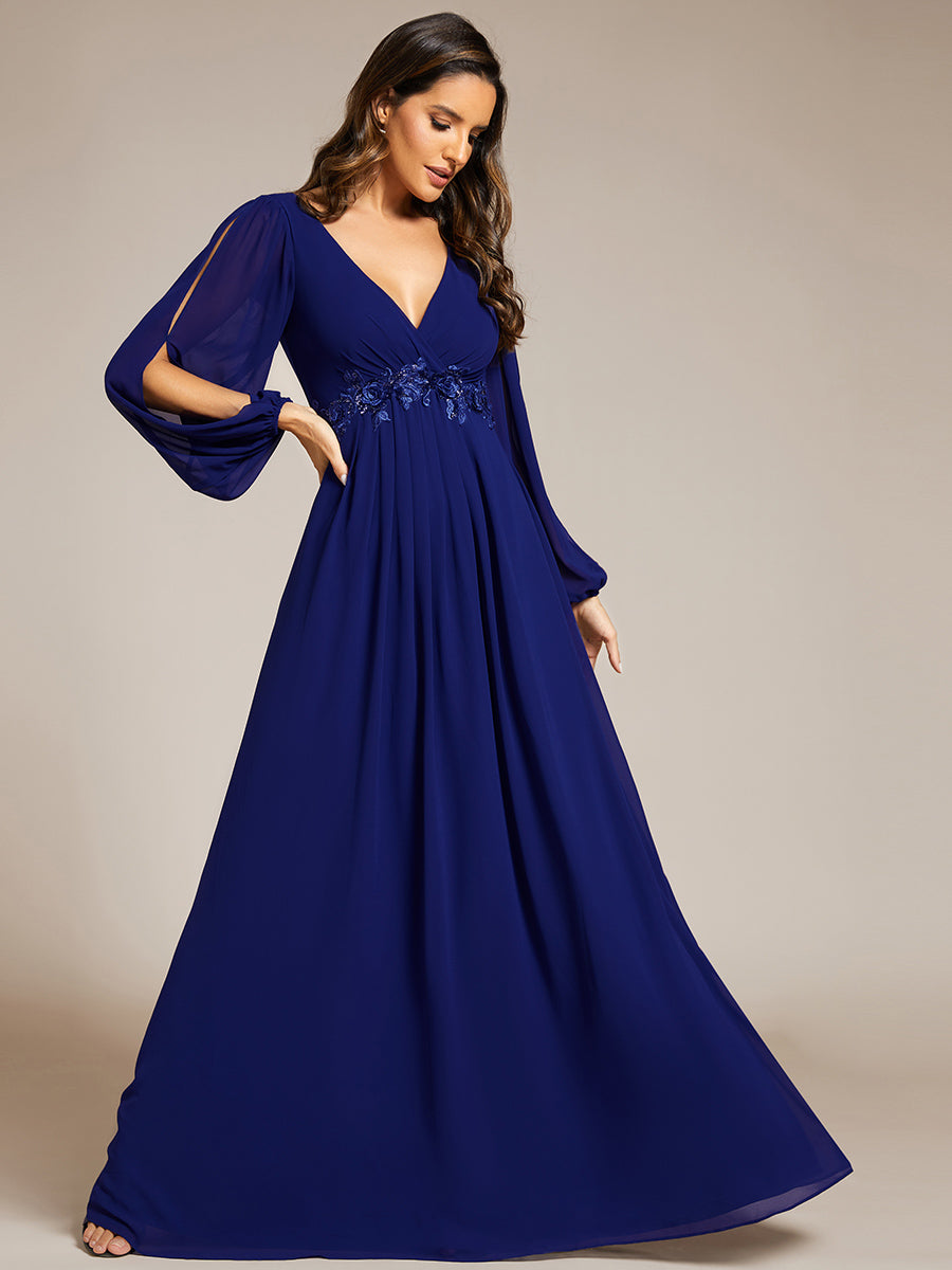 A-Linie Chiffon Lang mit Ärmel Brautmutterkleider #Farbe_Königsblau