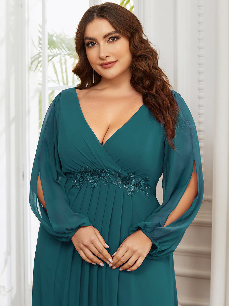 A-Linie Chiffon Lang mit Ärmel Brautmutterkleider #Farbe_Petrol