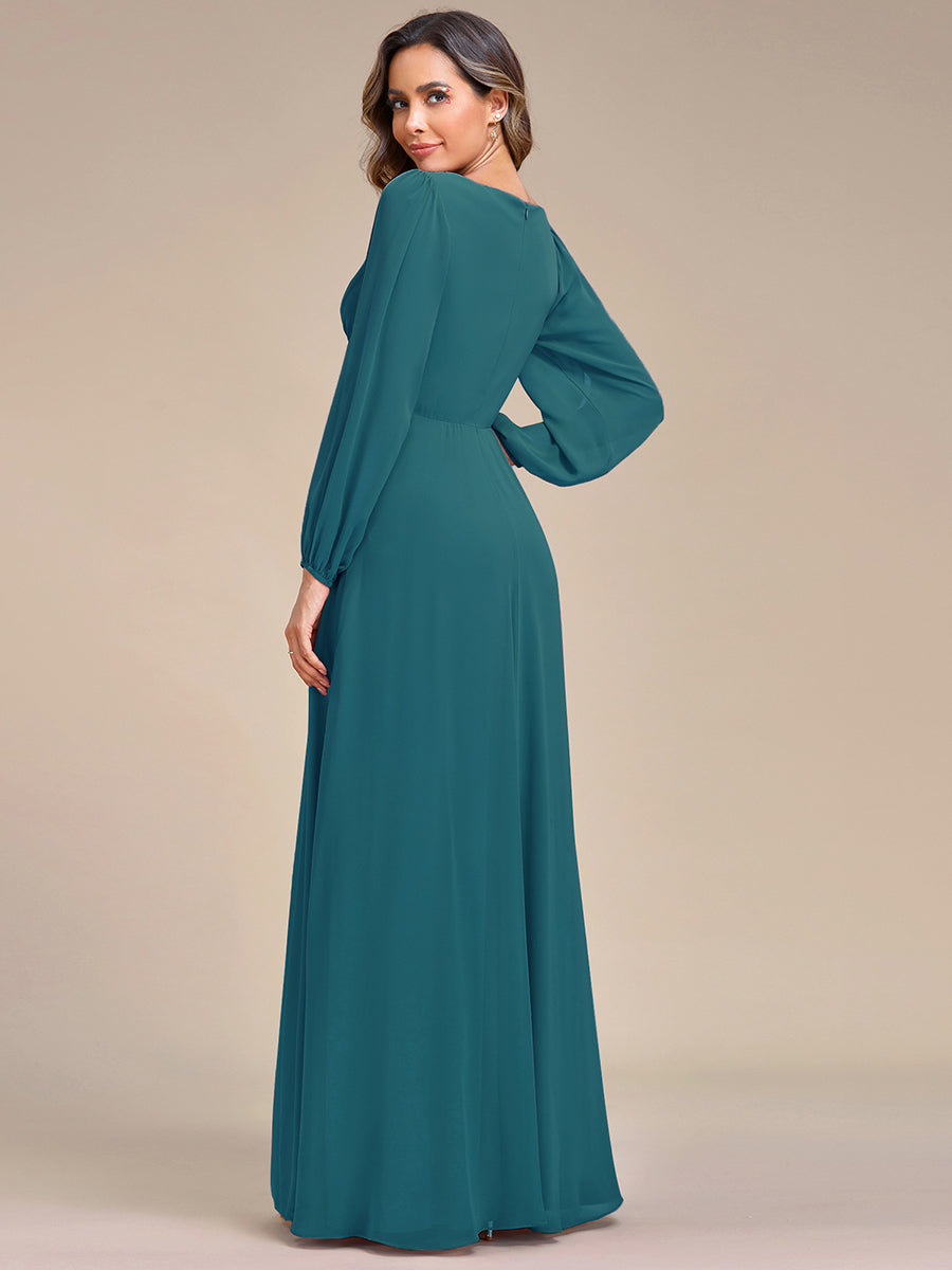 A-Linie Chiffon Lang mit Ärmel Brautmutterkleider #Farbe_Petrol