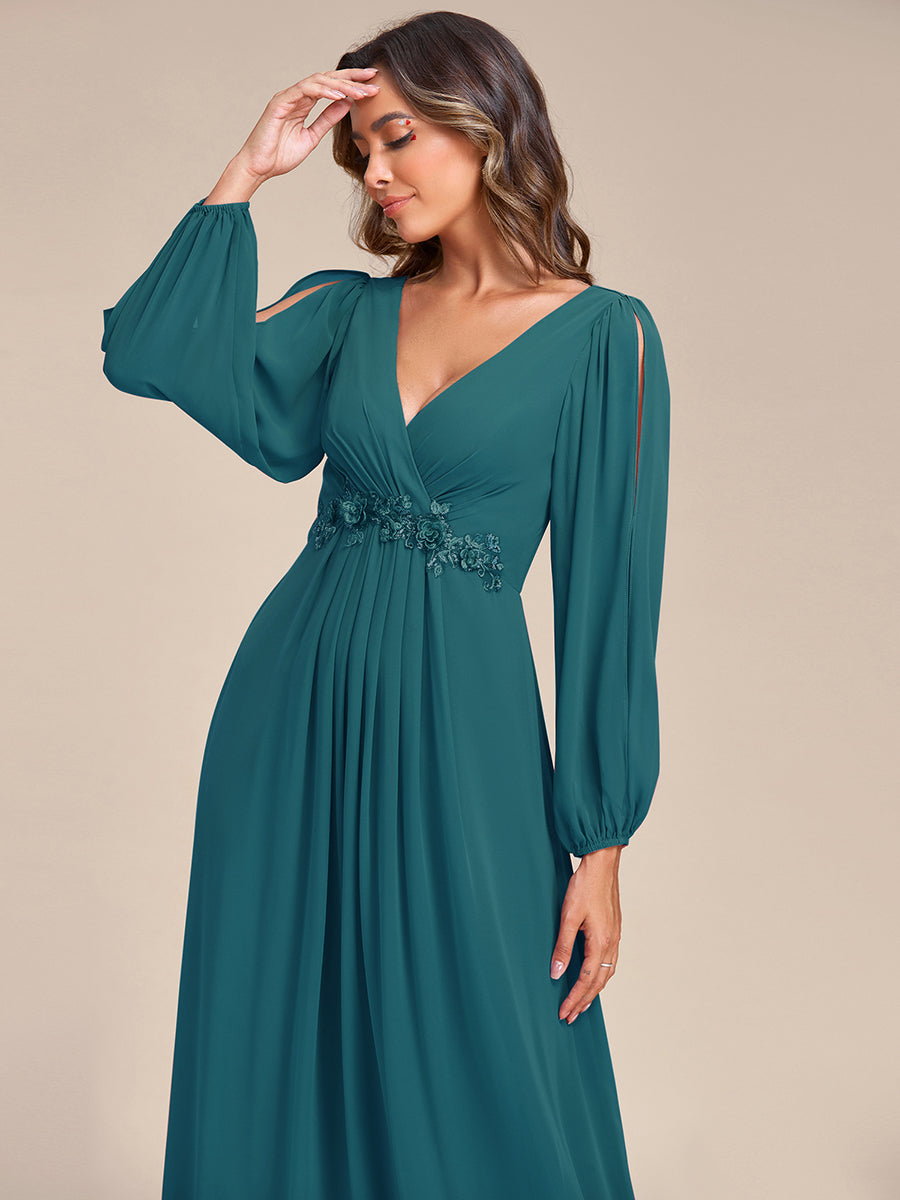 A-Linie Chiffon Lang mit Ärmel Brautmutterkleider #Farbe_Petrol