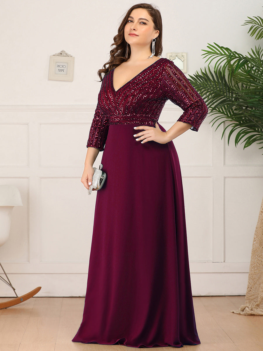 Übergrößen Bodenlanger V-Ausschnitt A-Linie Pailletten Kleid Mit Durchsichtigen Patchwork Details #Farbe_Burgunderrot
