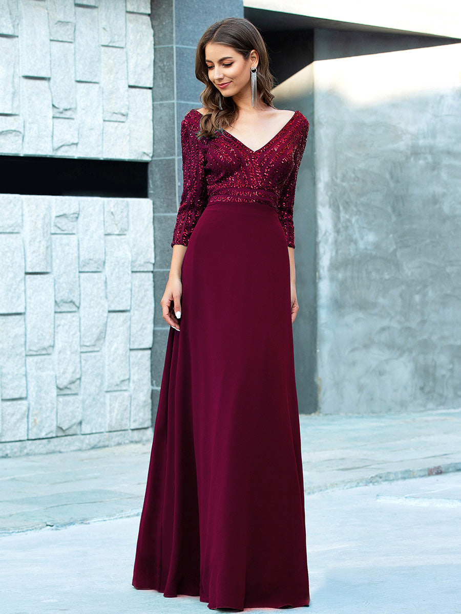 Übergrößen Bodenlanger V-Ausschnitt A-Linie Pailletten Kleid Mit Durchsichtigen Patchwork Details #Farbe_Burgunderrot