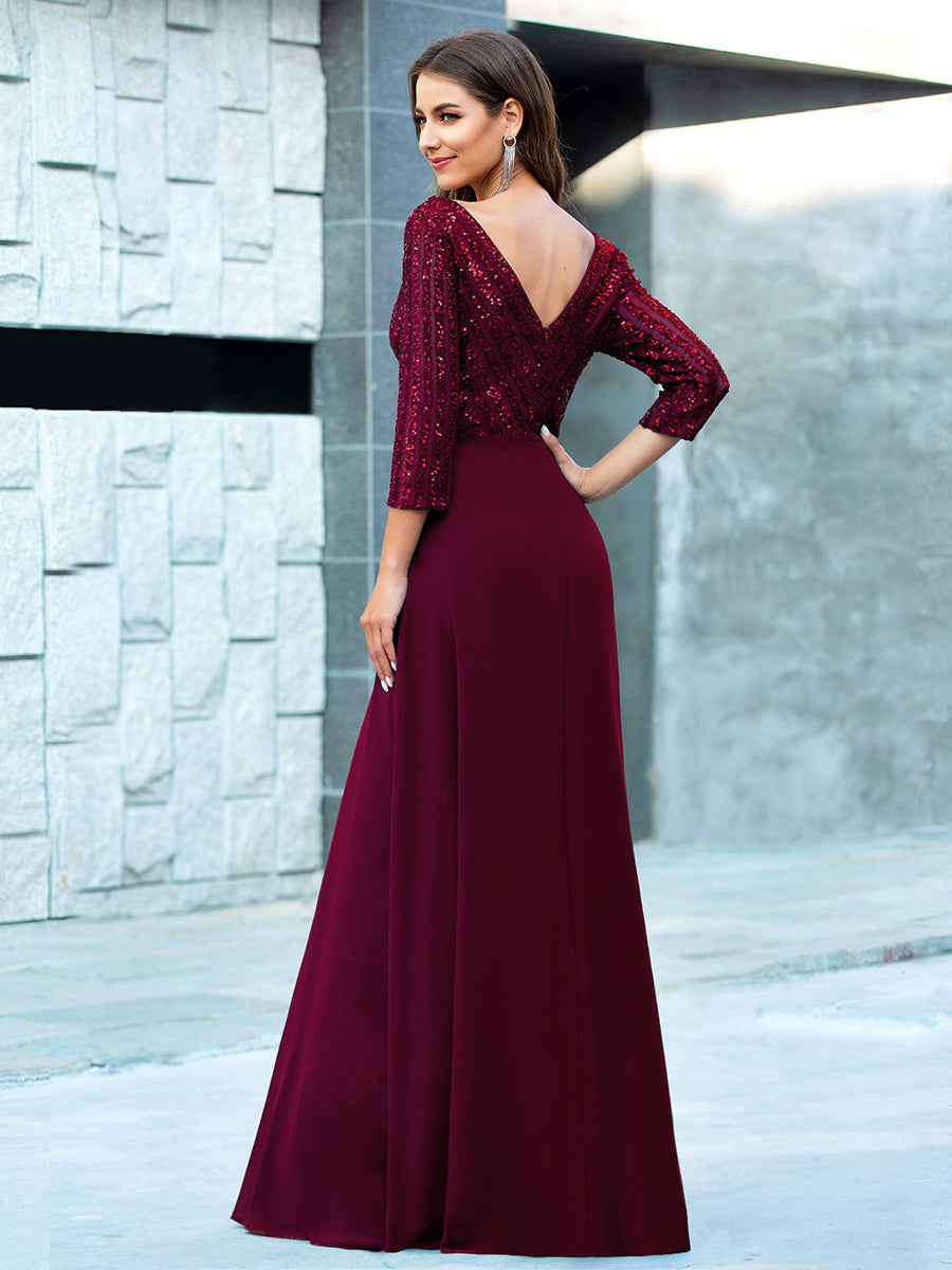 Übergrößen Bodenlanger V-Ausschnitt A-Linie Pailletten Kleid Mit Durchsichtigen Patchwork Details #Farbe_Burgunderrot