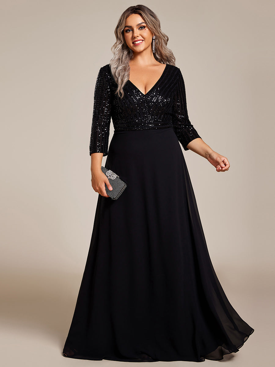 Übergrößen Bodenlanger V-Ausschnitt A-Linie Pailletten Kleid Mit Durchsichtigen Patchwork Details #Farbe_Schwarz