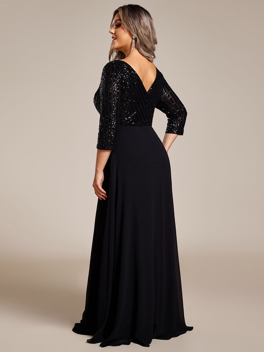 Übergrößen Bodenlanger V-Ausschnitt A-Linie Pailletten Kleid Mit Durchsichtigen Patchwork Details #Farbe_Schwarz
