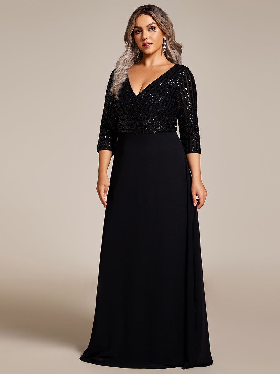 Übergrößen Bodenlanger V-Ausschnitt A-Linie Pailletten Kleid Mit Durchsichtigen Patchwork Details #Farbe_Schwarz