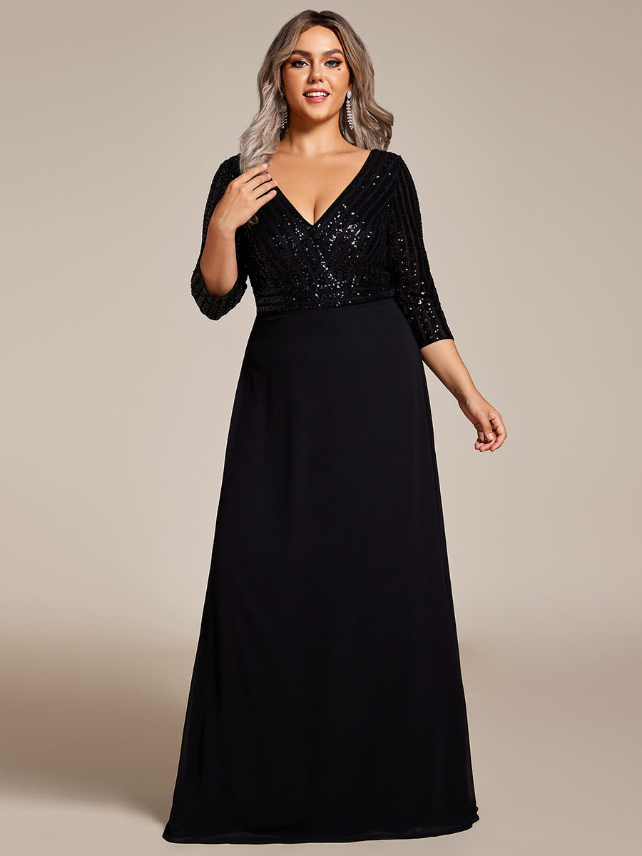 Übergrößen Bodenlanger V-Ausschnitt A-Linie Pailletten Kleid Mit Durchsichtigen Patchwork Details #Farbe_Schwarz