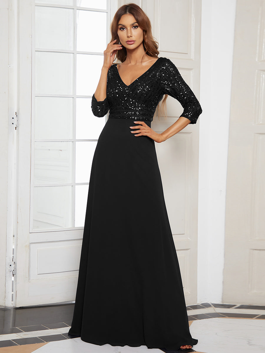 Übergrößen Bodenlanger V-Ausschnitt A-Linie Pailletten Kleid Mit Durchsichtigen Patchwork Details #Farbe_Schwarz