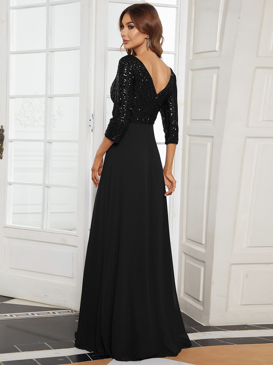 Übergrößen Bodenlanger V-Ausschnitt A-Linie Pailletten Kleid Mit Durchsichtigen Patchwork Details #Farbe_Schwarz