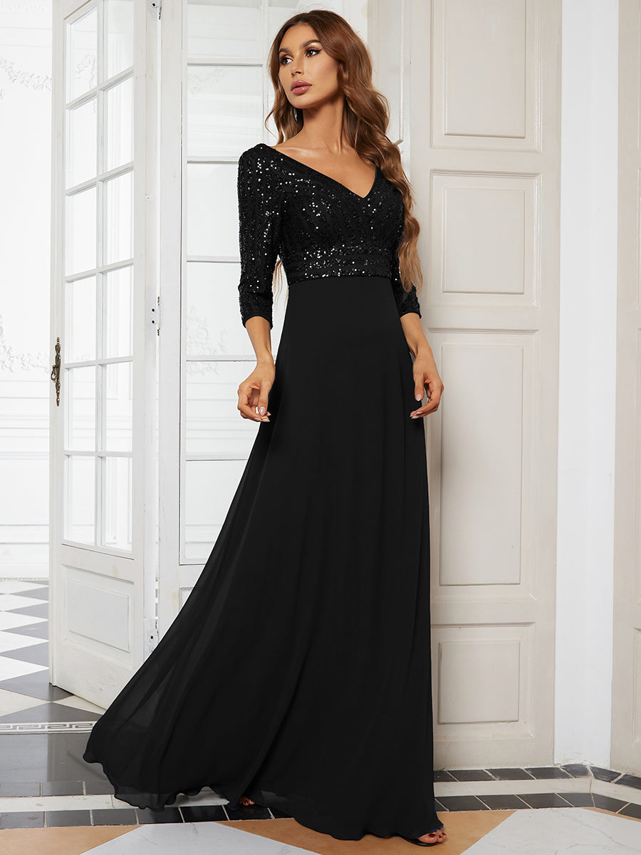 Übergrößen Bodenlanger V-Ausschnitt A-Linie Pailletten Kleid Mit Durchsichtigen Patchwork Details #Farbe_Schwarz