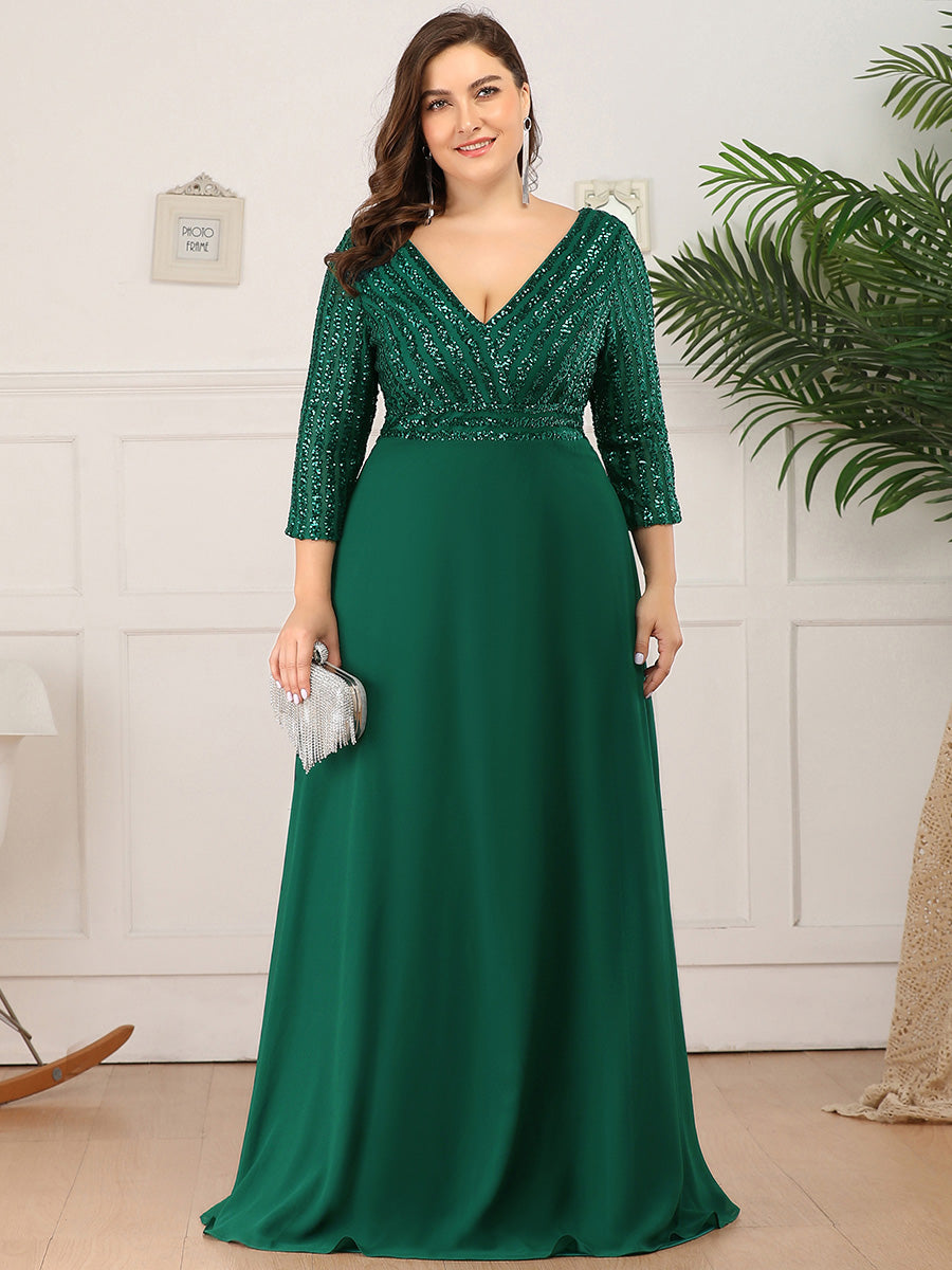 Übergrößen Bodenlanger V-Ausschnitt A-Linie Pailletten Kleid Mit Durchsichtigen Patchwork Details #Farbe_Dunkelgrün