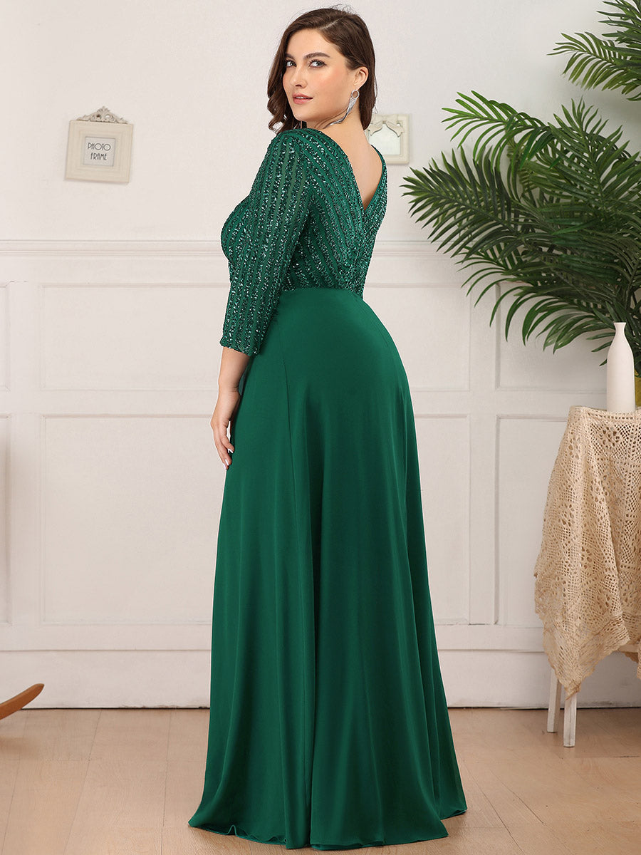 Übergrößen Bodenlanger V-Ausschnitt A-Linie Pailletten Kleid Mit Durchsichtigen Patchwork Details #Farbe_Dunkelgrün