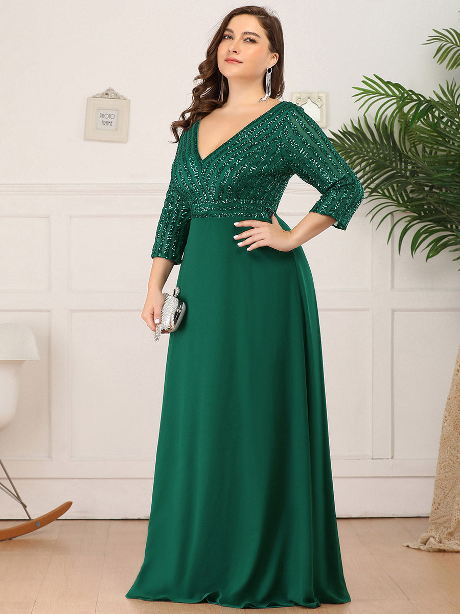 Übergrößen Bodenlanger V-Ausschnitt A-Linie Pailletten Kleid Mit Durchsichtigen Patchwork Details #Farbe_Dunkelgrün