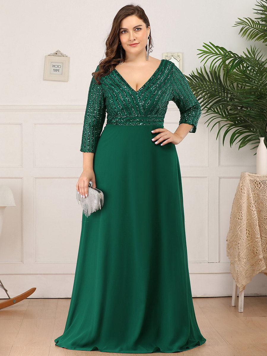 Übergrößen Bodenlanger V-Ausschnitt A-Linie Pailletten Kleid Mit Durchsichtigen Patchwork Details #Farbe_Dunkelgrün