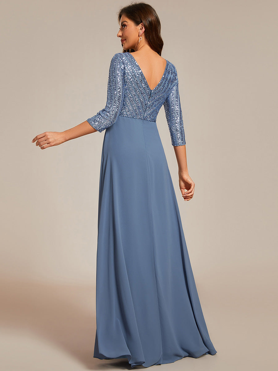 Übergrößen Bodenlanger V-Ausschnitt A-Linie Pailletten Kleid Mit Durchsichtigen Patchwork Details #Farbe_Taubenblau