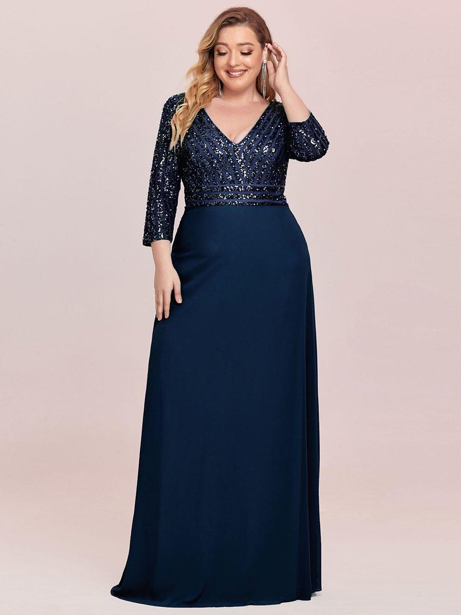 Übergrößen Bodenlanger V-Ausschnitt A-Linie Pailletten Kleid Mit Durchsichtigen Patchwork Details #Farbe_Marineblau