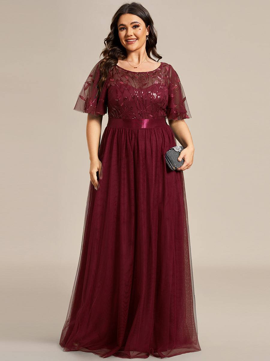 Damen A-Line Kurzarm Stickerei Bodenlanges Abendkleid #Farbe_Burgunderrot