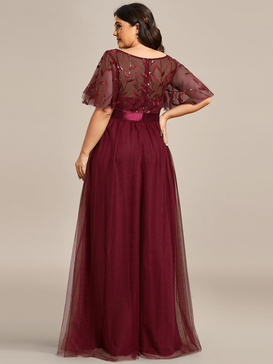 Damen A-Line Kurzarm Stickerei Bodenlanges Abendkleid #Farbe_Burgunderrot
